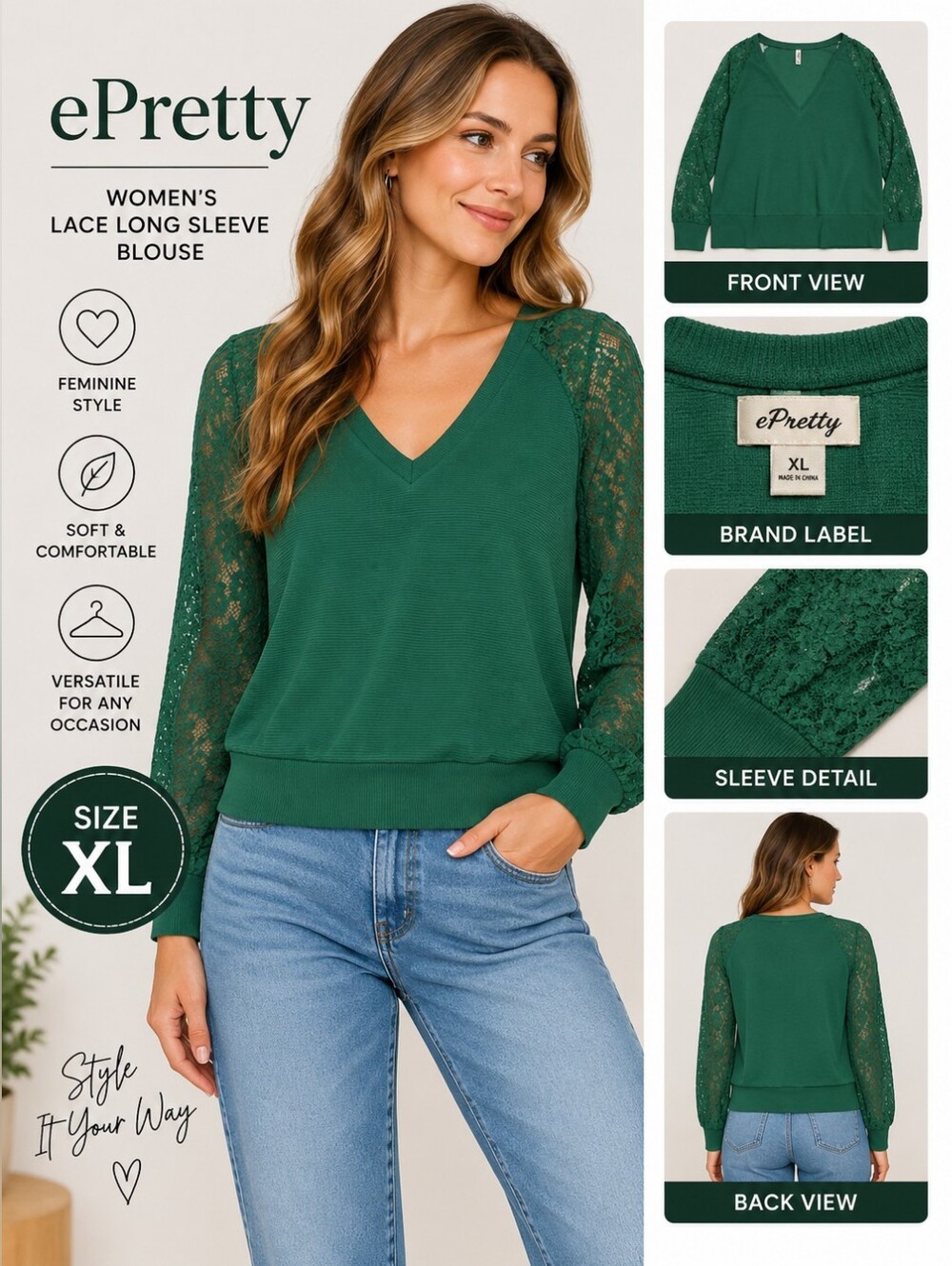 Epretty women's XL Green lace long sleeve blouse #25